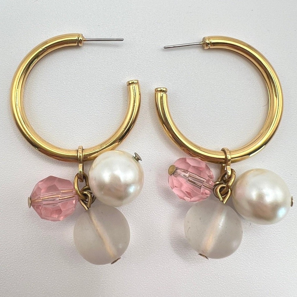 Vintage Napier Earrings Gold Tone Pearl Charm Hoops Pink Frosted Beads